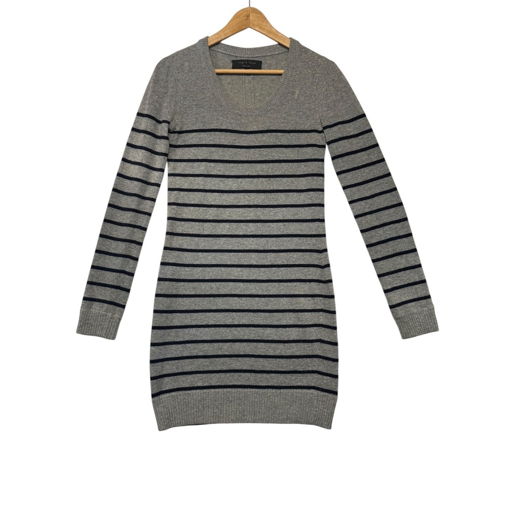 Rag & Bone Grey Navy Striped Wool Cashmere V-Neck Sweater Dress XS RN108879